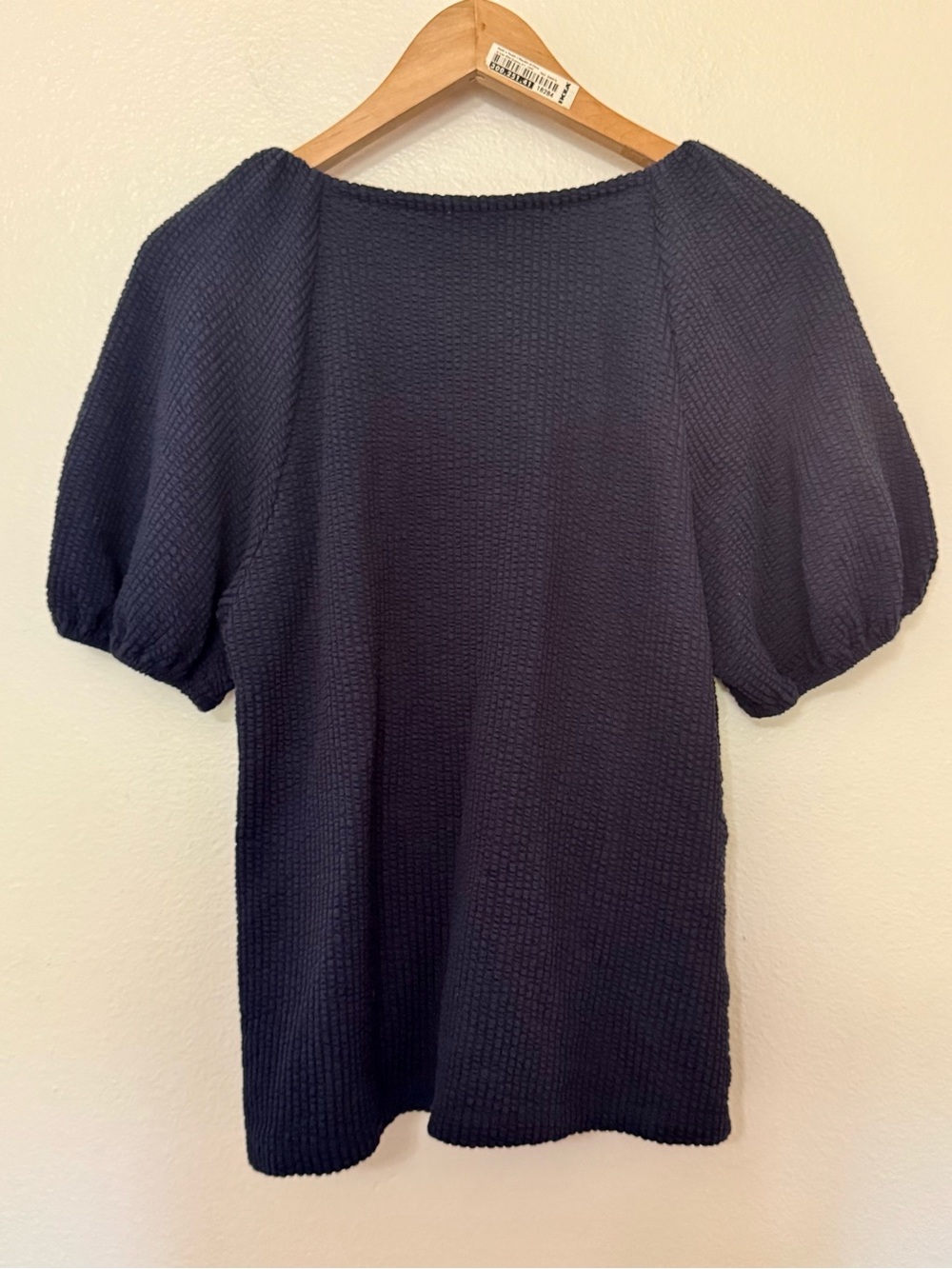 LOFT Navy Seersucker Twist Neck Puff Sleeve Top Women’s Large Cotton Blend - Picture 2 of 5